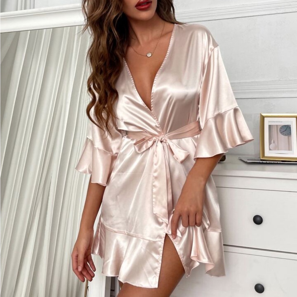 SHEIN Self Tie Ruffle Hem Satin Night Robe Peachy Pink
